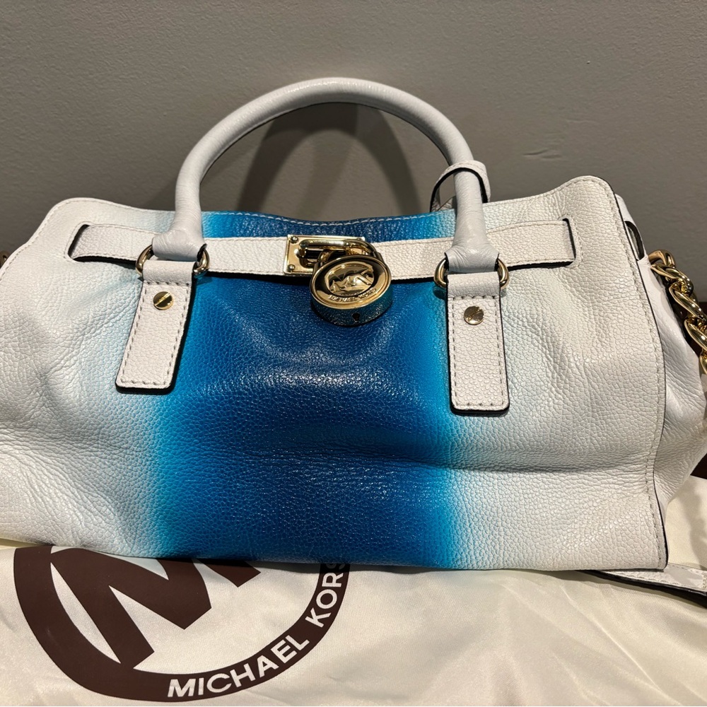 Michael Kors Blue and White Satchel with Gold Accents